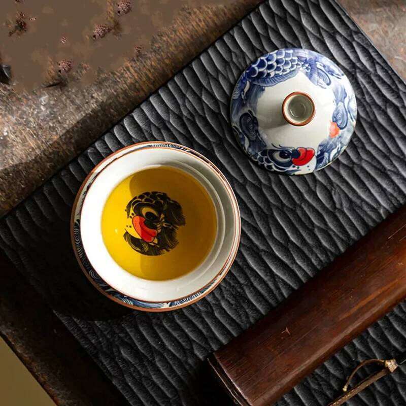 130ml Chinese Blue and White Ceramic Tureen Handmade Fish Gaiwan Beauty Infuser Teacup Household Tea Bowl Teaware
