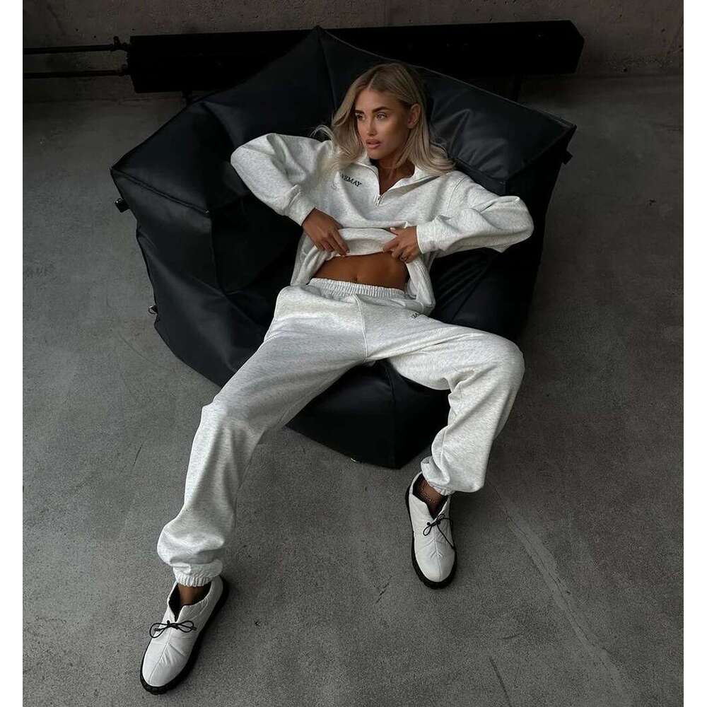 New European American Style Amazon Versatile Casual Fashion Thickened Embroidered Sleeve Sweatshirt and Long Pants Two-Piece Set