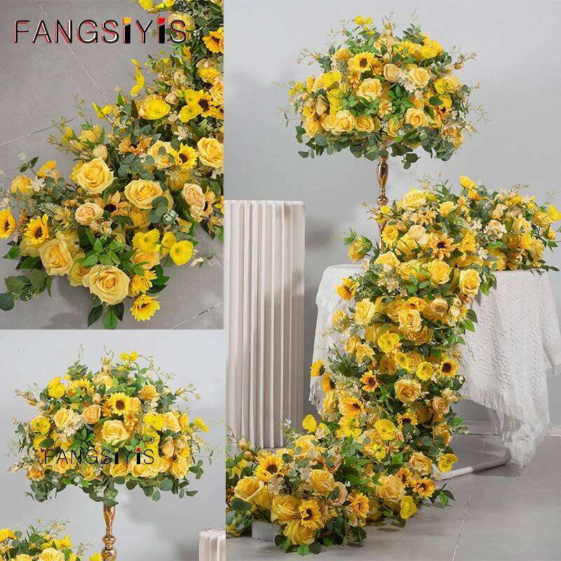 Yellow Rose sunflower green leaf Artificial Large Ball Flower Row Runner Wedding Backdrop Decoar Event Party Props W260130