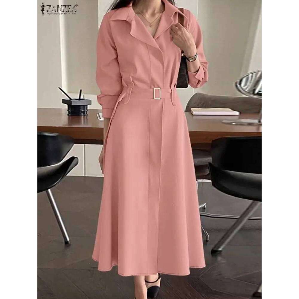 2026 ZANZEA Spring Office Lady Dresses Women Elegant Lapel Neck Long Sleeve Shirt Dress Stylish Solid OL Work Sundress Midi Robe XJ260130