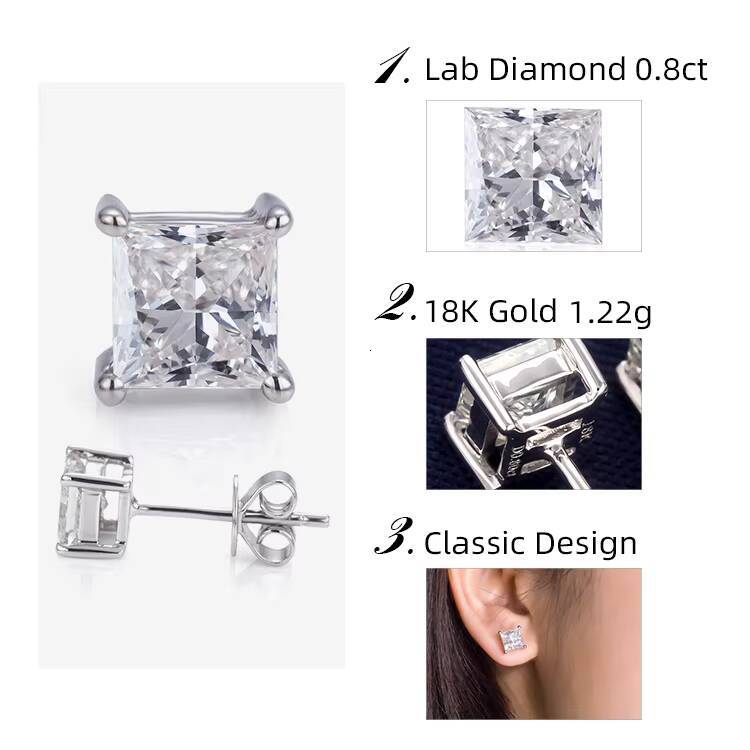 Messi Jewelry Woman 18K White Gold 08ct FG VS Square Princess Cut Lab Grown Diamond Stud Earrings