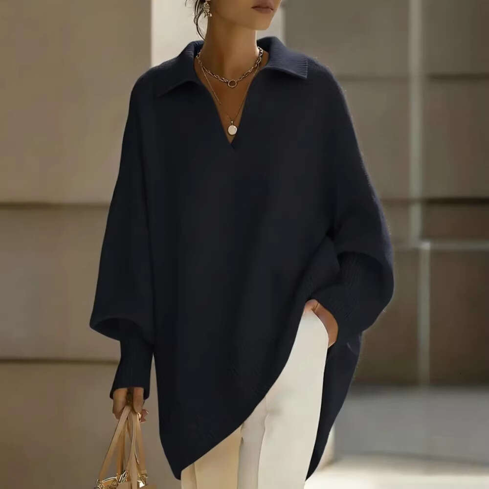 Cross-Border Spring and Autumn New Independent Station Solid Color Long Sleeve Knitted with Turn-Down Collar Loose Lazy Style Outerwear Sweater for Wo