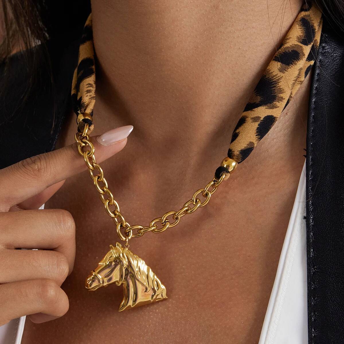 Youthway Horse Pendant Leopard Print Cloth Chain For Women 18K Gold Plated Stainless Steel Necklace Fashion Jewelry