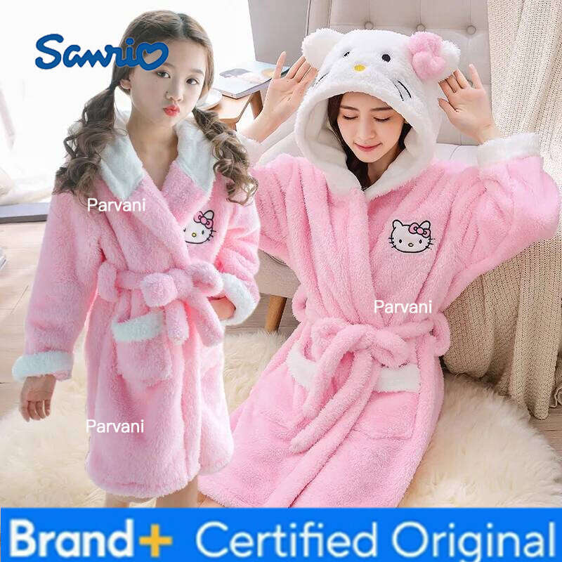 Sanrio Y2K Kawaii Hello Kitty Pajamas Girls Nightgown Children's Autumn and Winter Hooded Bathrobe Casual Tops Home Clothing Set H260130