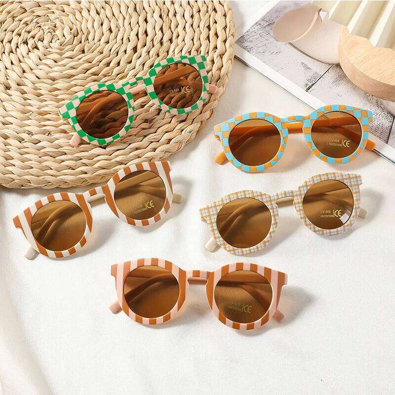 New Arrival 2-10 Years Kids Cute Round Sunglasses Boys Girls Baby Lattice Outdoor Children Fashion Cat Eye White Pink Shades H260130