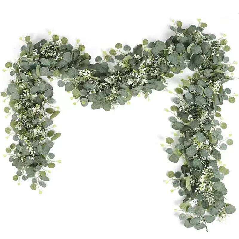 1pc Artificial Eucalyptus Leaves Greenery Garland Faux Plant Spring Vines with White Flowers Berries for Wedding Home Party Deco W260130