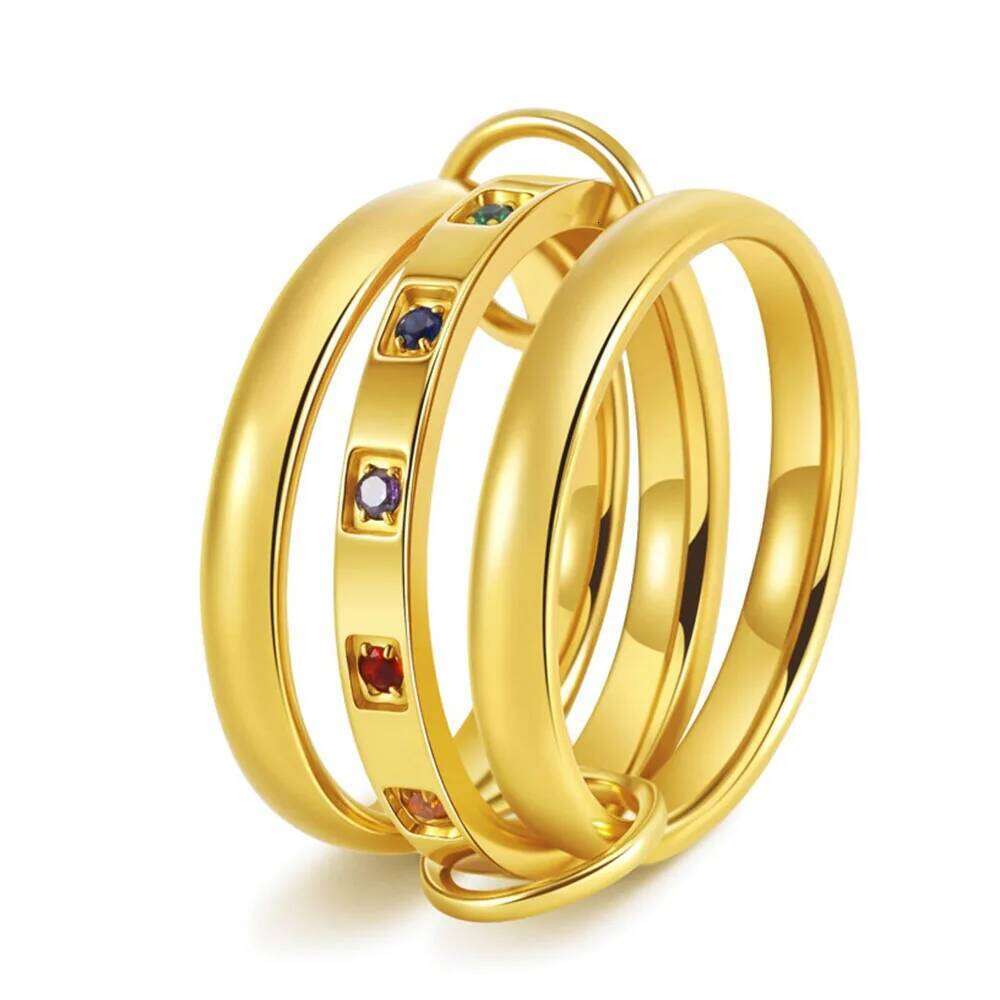 Premium diamond-set triple titanium steel women's stacked plain 18K gold temperament ring interlocking rin XJ260130