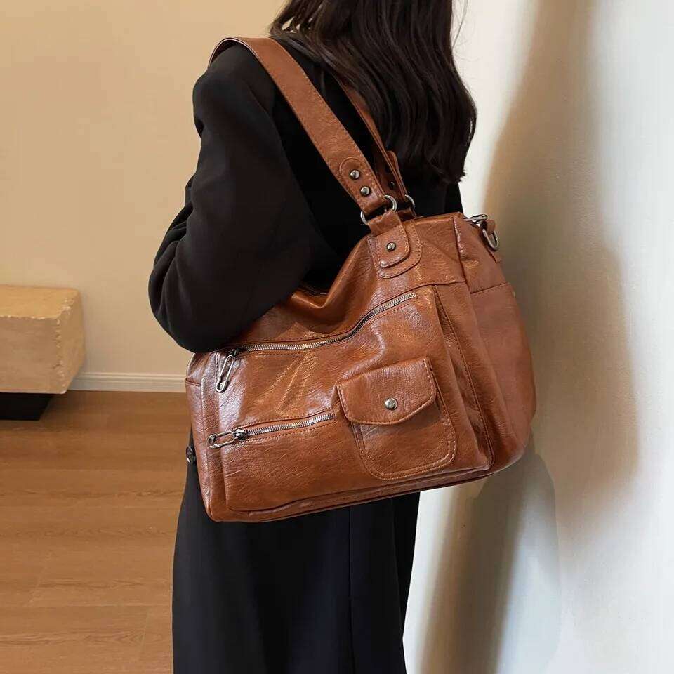 Y2K Hot Girl Single Shoulder Crossbody Bags Vintage Washed Pu Leather Armpit Tote Large Capacity Multi Pocket Commuting Bag Z260130