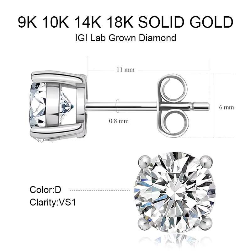 IGI Certificate CVD HPHT 05ct 1ct D VS1 Lab Created Diamond 14K Solid Gold Earrings Lab Grown Diamond Stud Earrings