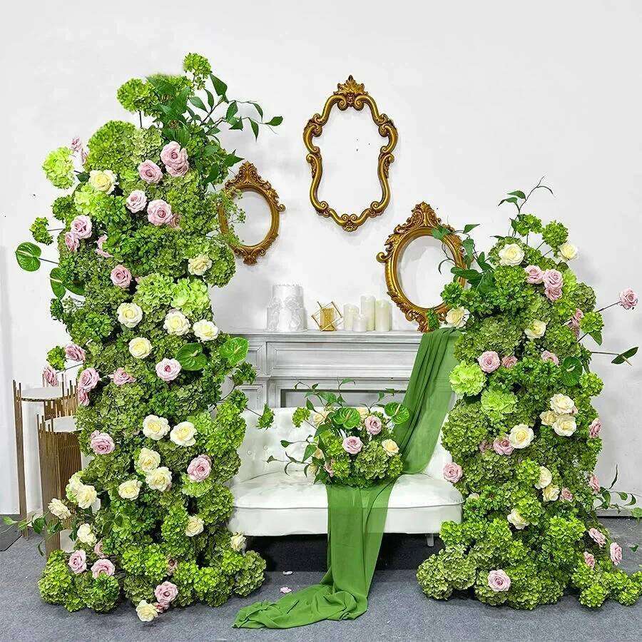 Luxury Rose Babysbreath White Hydrangea 5D Flower Row Wedding Backdrop Arch KT Board Decor Table Runner Sofa Floral Arrangement Y260130