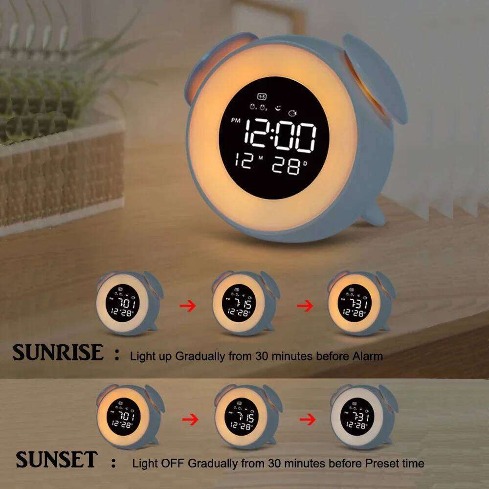 Bedside Sunrise Sunset Wake Up Light Digital Led Music Alarm Mirror Bedroom Desk Calendar Snooze Clock Table Phone Charger W260130