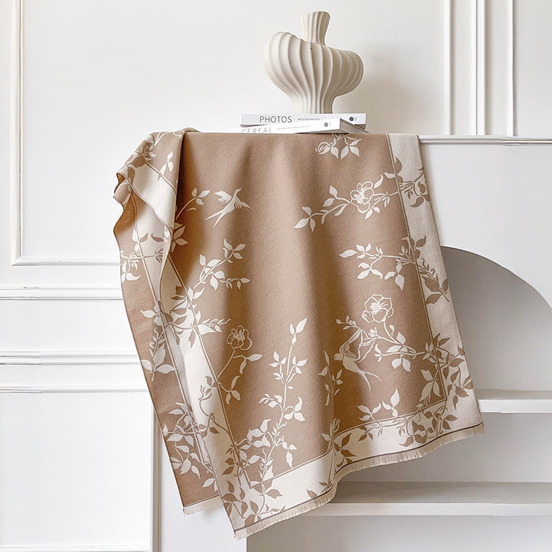 Luxury Accessory Scarves Vintage Artistic Imitation Cashmere Scarf Shawl Double-Sided Magpie Flower Vine, Skin-Friendly Soft Neck Warmer, Winter Warm 