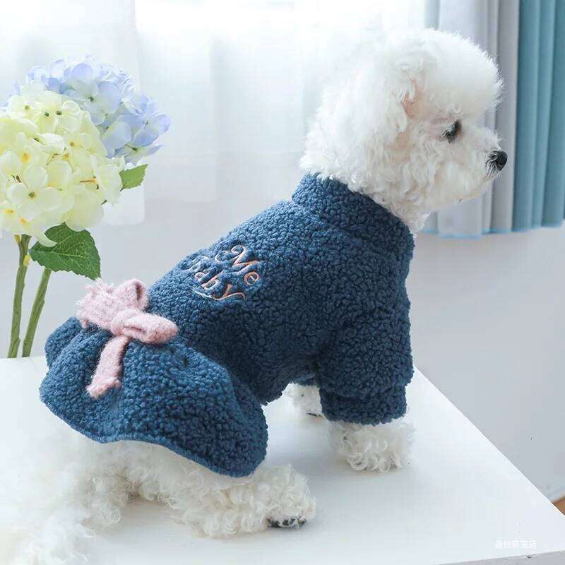 1PC Pet Apparel Cat Dog Autumn Winter Plush Thickened Warm Blue Bow Princess Dress Suitable for Small and Medium sized Dogs H260129