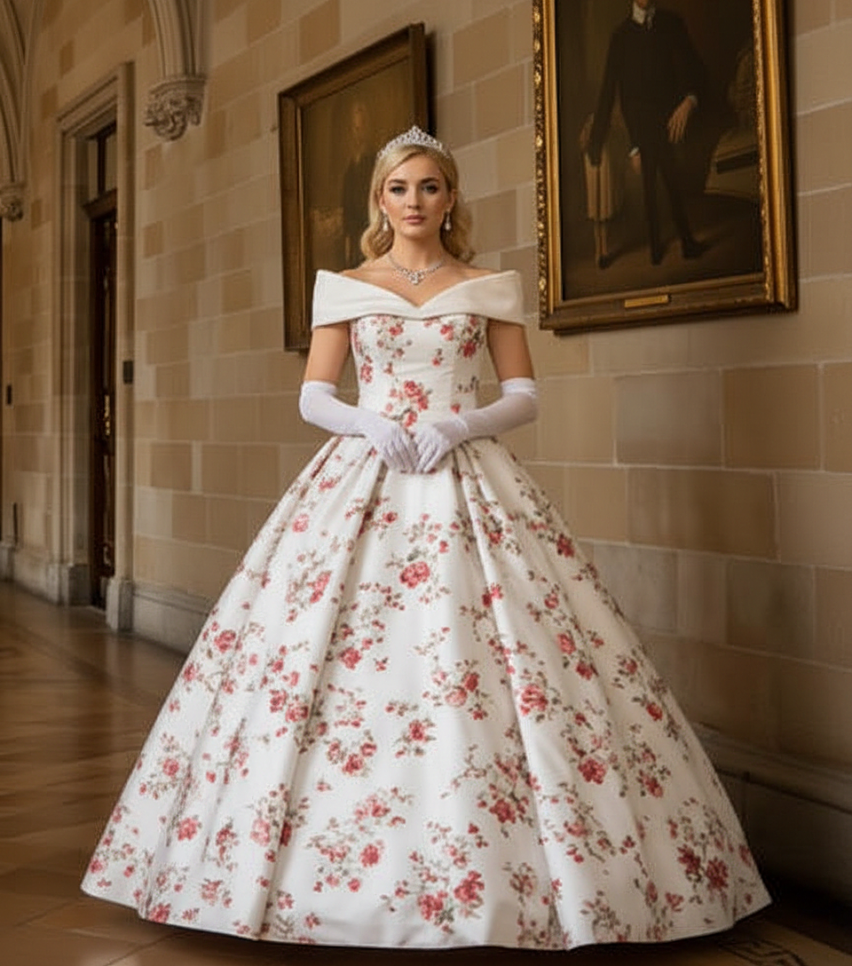 Romantic Floral Print Prom Dresses Off-Shoulder White Satin A-Line Vintage Princess Evening Gowns Sweep Train Court Birthday Party Special Occasion Dr