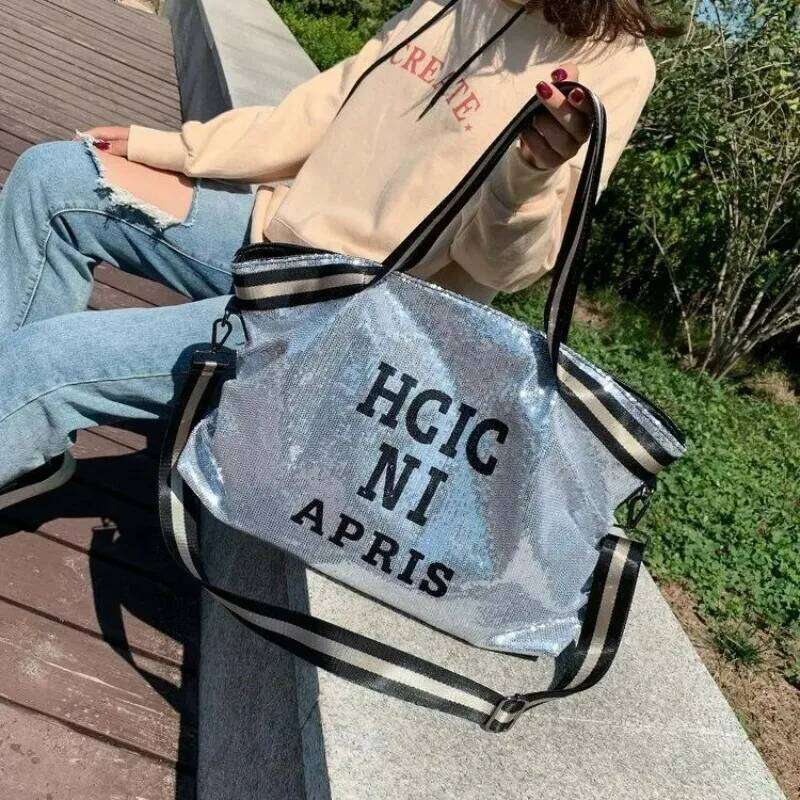 Fashionable Glitter Sequined Shoulder Bag, Large-capacity Women's Large Travel Handbag, Letter-printed Crossbody Bag Z260130
