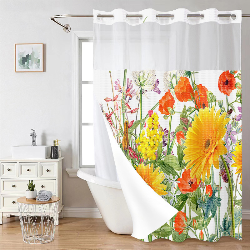 YL-38246 Digital Printed Double-Layer Large Ring Polyester Shower Curtain - Waterproof and Mildew-Proof, Floral Pattern Bathroom Curtain