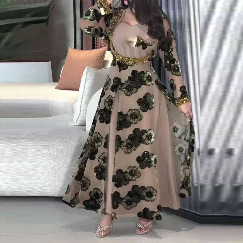 Vintage Floral Print High Waist Banquet Autumn New Long Sleeved Pleated Women's Casual Patchwork Slim Fit Maxi Dress XJ260130