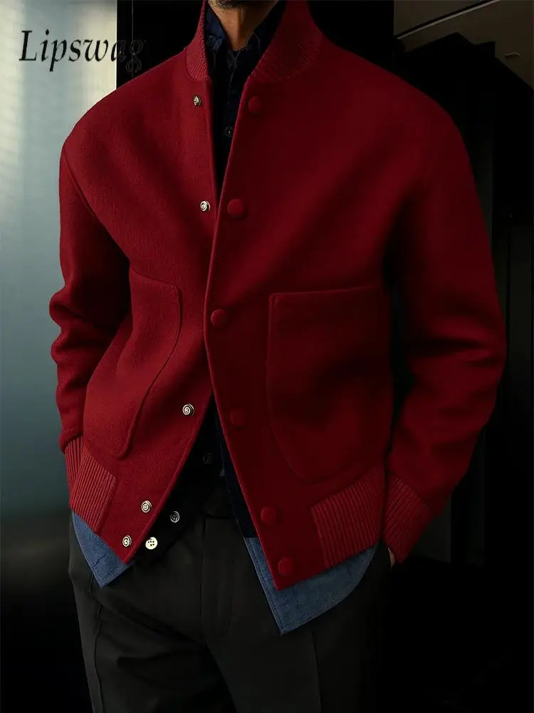 Vintage Button Stand Collar Woolen Jackets Mens Fall Winter Trendy Solid Color Outerwear Men Fashionable Slim Fit Jacket Coat 260122