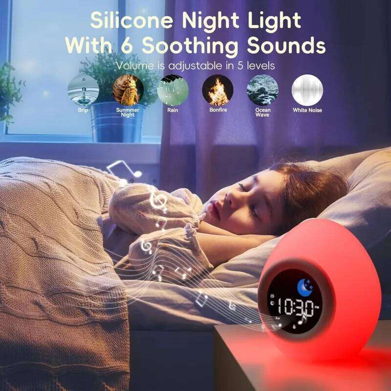Alarm Kids Sleep Training Clock with 6 White Noise Sound Machine Cute Touch Night Light for Children Bedroom W260130
