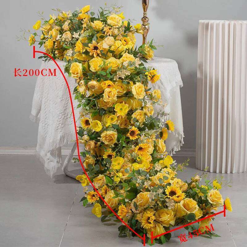 Yellow Rose sunflower green leaf Artificial Large Ball Flower Row Runner Wedding Backdrop Decoar Event Party Props W260130