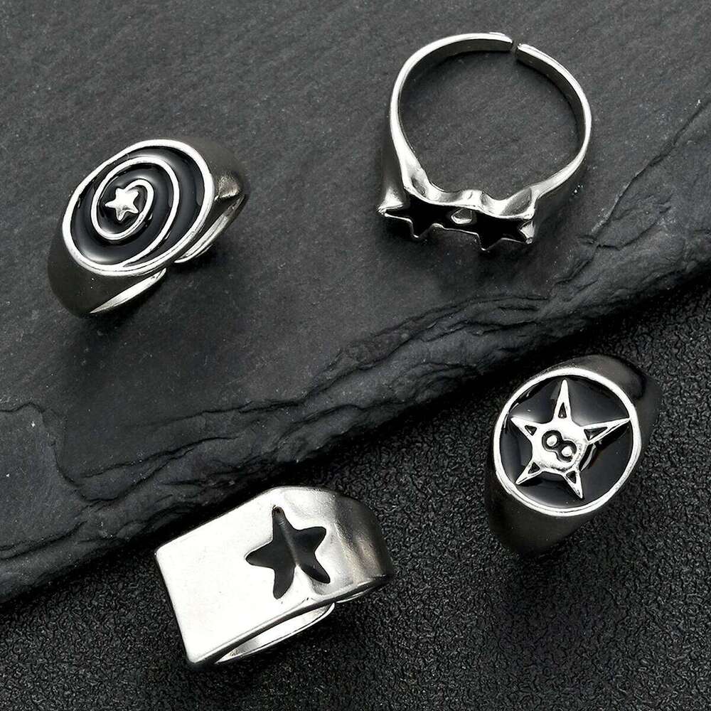 4 Pcs Punk Black Star Rings Set for Women Men Fashion HipHop Silver Color Geometric Thick Finger Ring Y2K Unisex Jewelry Gifts XJ260130