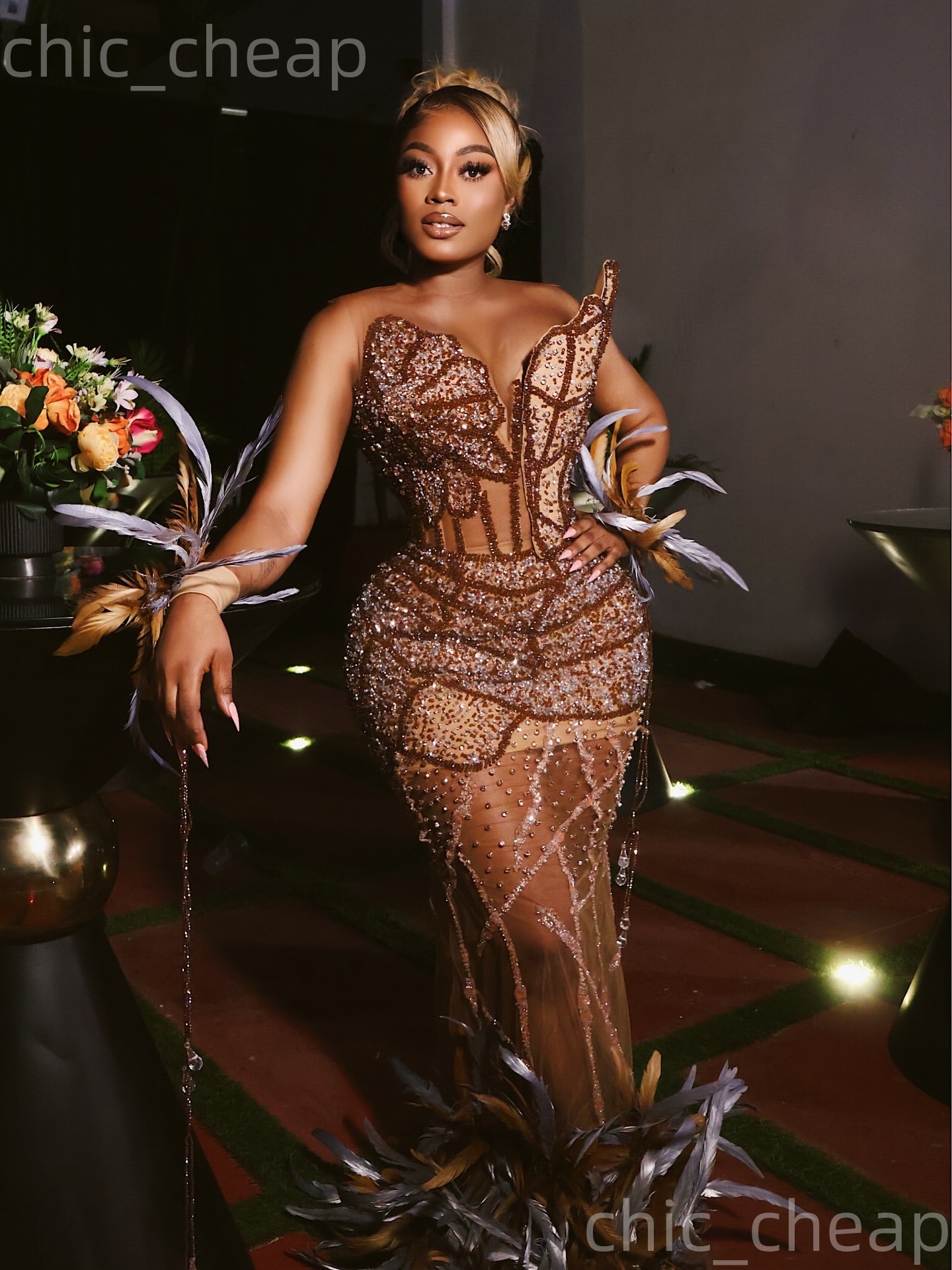 Aso Ebi Brown Sheath Prom Dresses 2026 Feahter Crystals Beaded Illusion Evening Formal Party Second Birthday Engagement Gowns Dress For Special Occasi