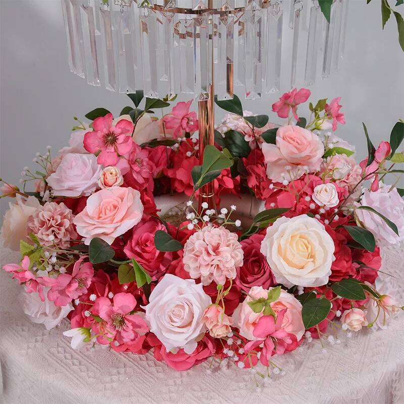 New Hot Pink Rose peony green leaf Artificial Large Runner Row Flower Ball Wedding Backdrop Decoatian Event Party Props W260130