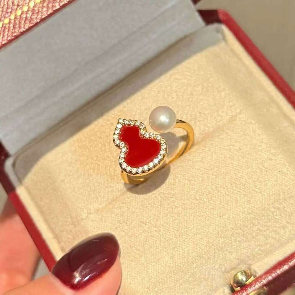 High-Quality Natural Freshwater Pearl 14K Gold-Plated Red Gourd Fu Lu Ring Celebratory Jewelry for New Year