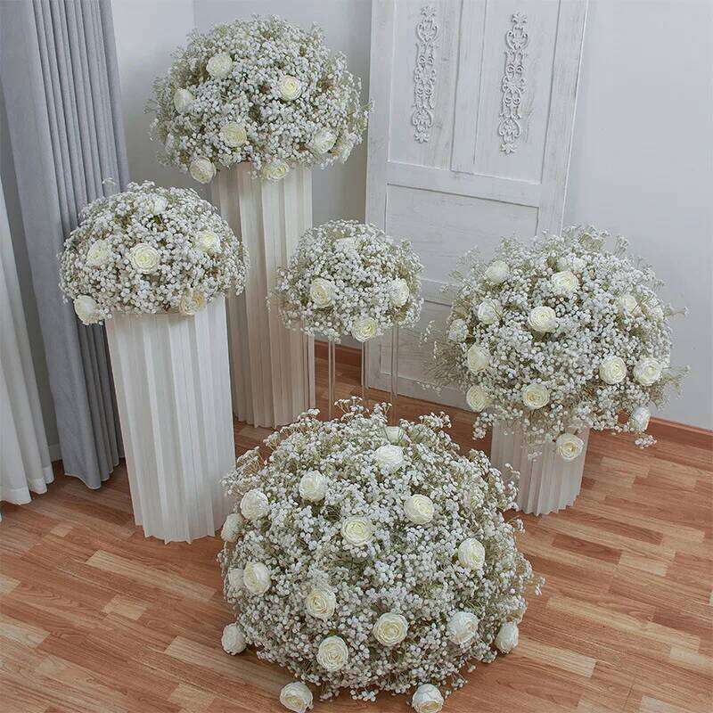 40/50/60/70/80cm White Baby Breath Rose Artificial Flower Ball Wedding Table Centerpiece Deco Gypsophila Floral Event Party Prop Y260130