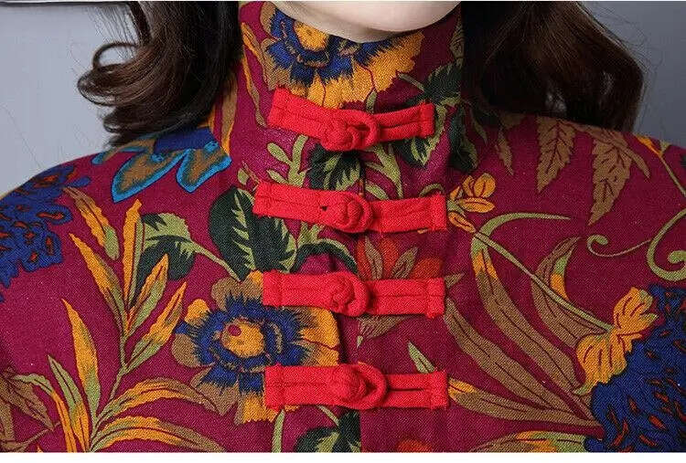 Mardi Hefxessdr Vintage Chinese Tang Dynasty Women Long Sleeve Jacket Republic Of China Autumn Cotton Hemp Button Mandarin Collar Qipao Coat