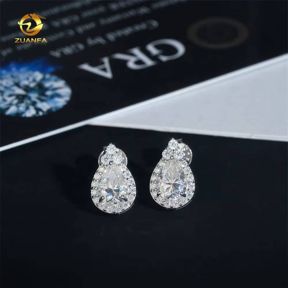 New Arrivals Hip Hop Halo Design Earrings White Gold 925 Silver Drop Pear Shape Moissanite Earring