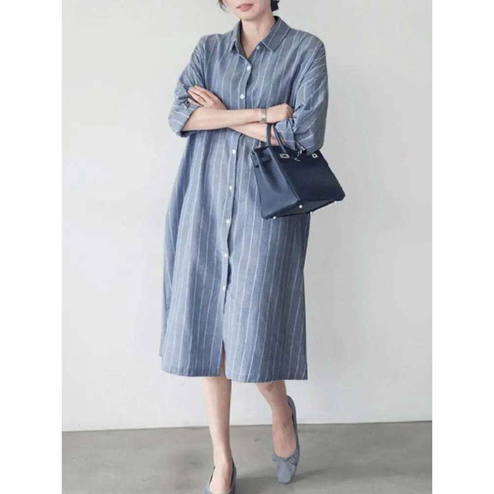 Autumn ZANZEA Elegant Shirt Dress Women Lapel Neck Long Sleeve Stripe Sundress Work Vestidos Robe Femme Holiday Kaftan XJ260130