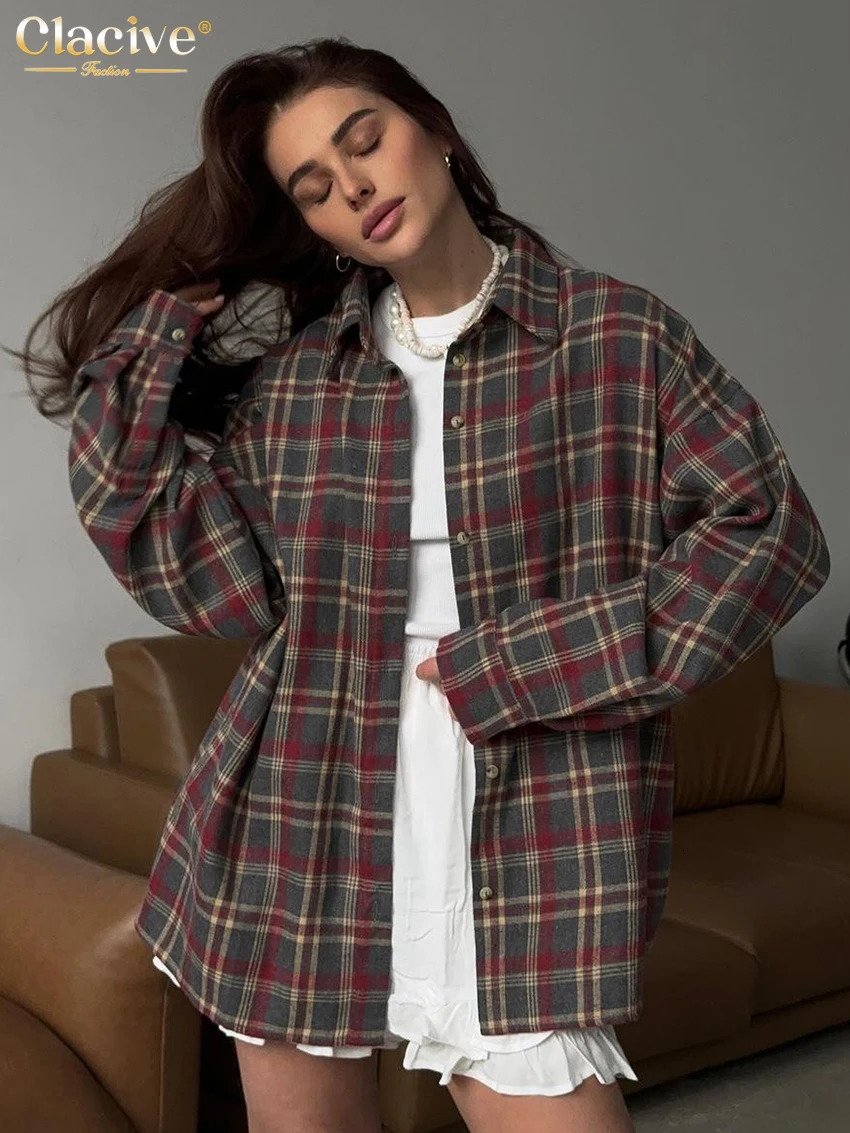 Clacive Fashion Loose Plaid Womens Shirt Vintage Lapel Long Sleeve Blouses Elegant Classic Blusas Top Female Clothing 260126