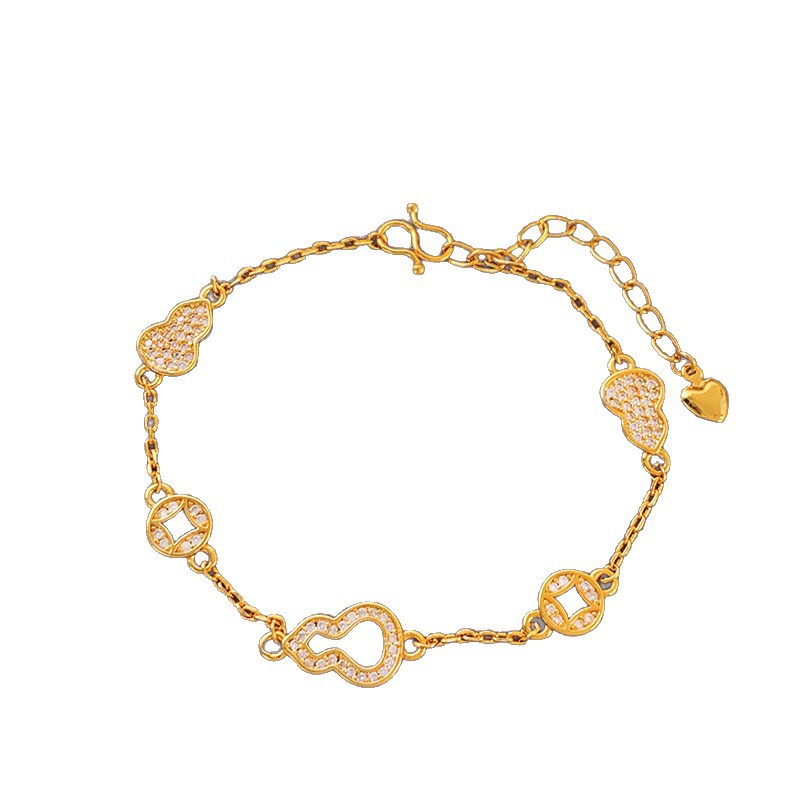 Real Gold Plated Zircon Gourd Copper Coin New Chinese Style National Temperament High-end Sense Bracelet Light Luxury Niche Hand Jewelry