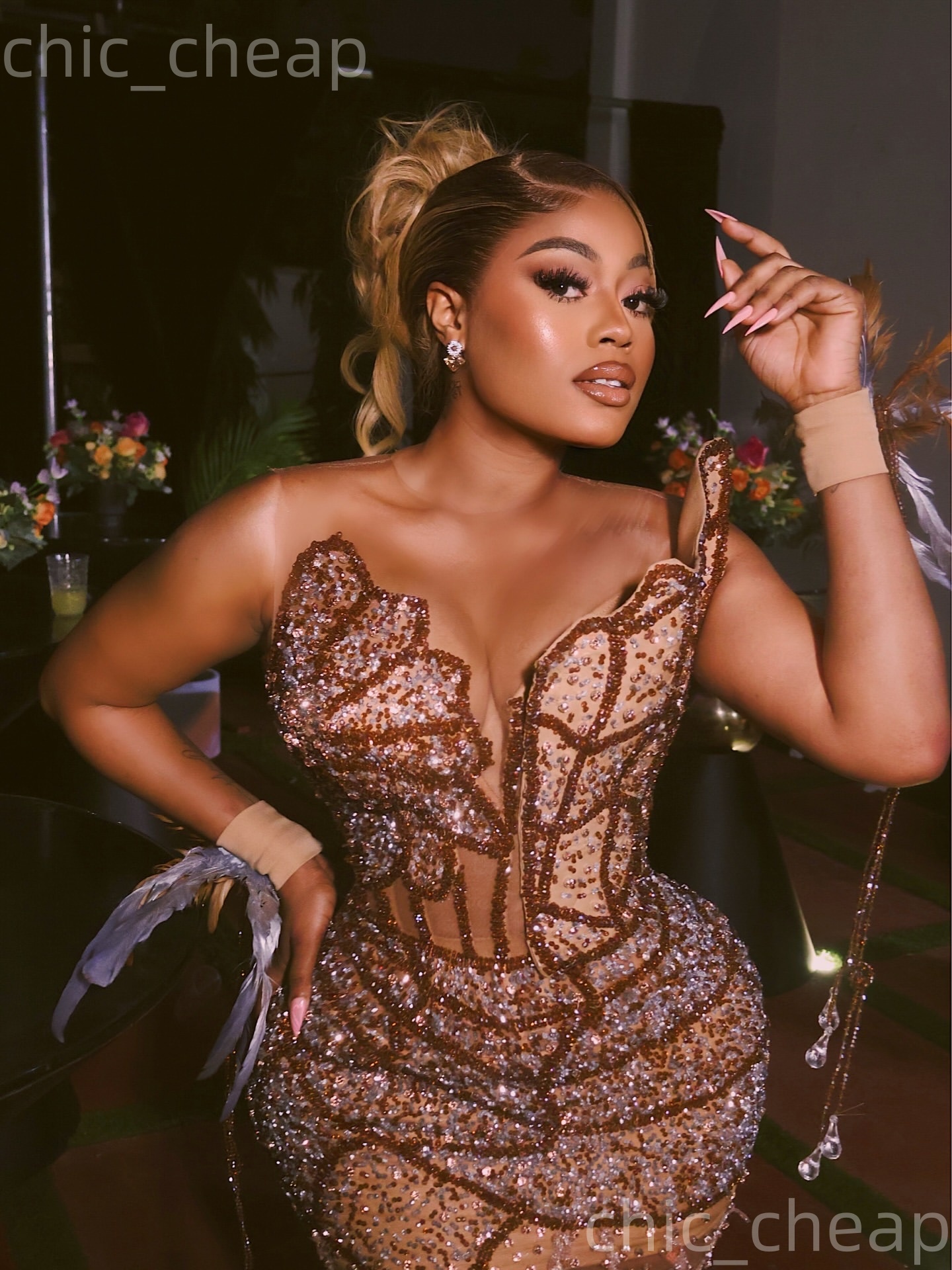 Aso Ebi Brown Sheath Prom Dresses 2026 Feahter Crystals Beaded Illusion Evening Formal Party Second Birthday Engagement Gowns Dress For Special Occasi