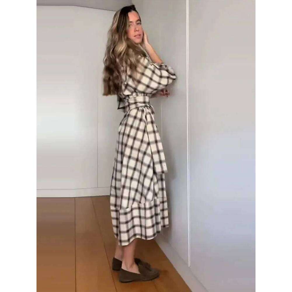 HipSeam Women Check Shirt with Belt Spring Autumn O Neck Button Women's Long Dress Flared Hem Female Chic Midi Dresses XJ260130