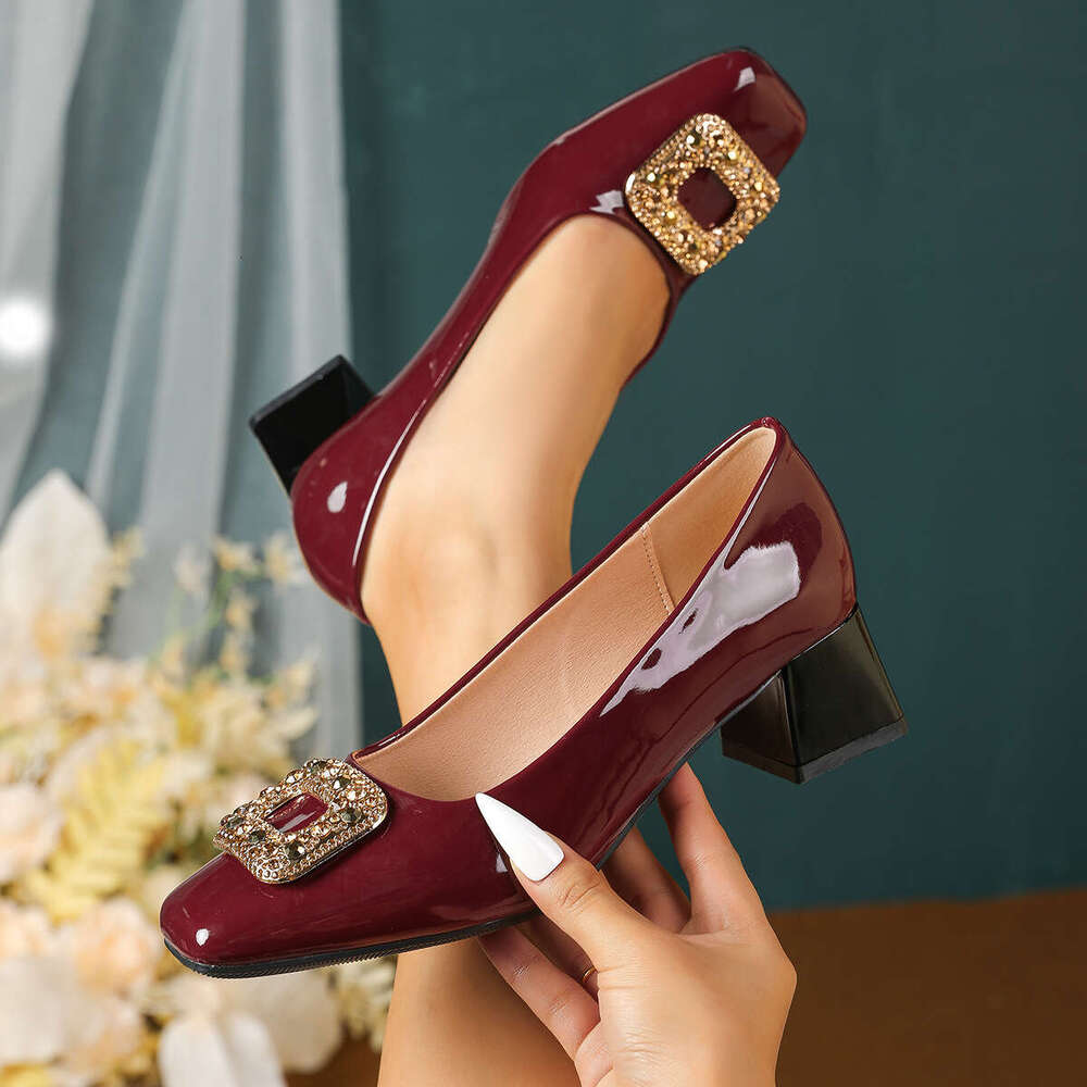 Brown Heels Buckle work shoes Womens Patent Leather Design Shoe Square Toe Chunky Heels Large Size 43