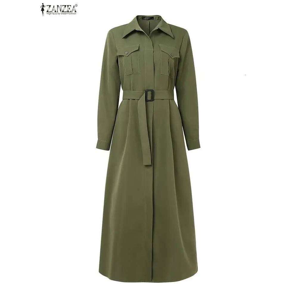Women Autumn 2025 Cargo Maxi Dresses Casual Long Sleeve Pockets Belted Collared Shirt Dress ZANZEA Commuting Workwear S-3XL XJ260130