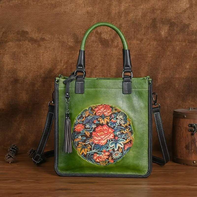 Johnature Chinese Style Retro Embossed Women Bag Genuine Leather New Versatile Real Cowhide Large Capacity Shoulder Bags KABAHEBINGJUE