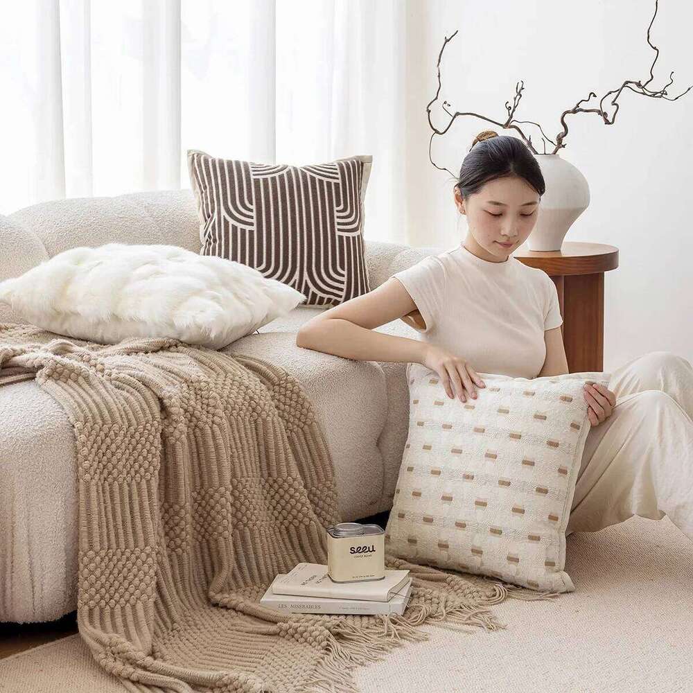 Pillow Case Beige Brown Striped Jacquard Cushion Light Luxury Wabi-Sabi Home Decor Cover Living Room Pillow Cases