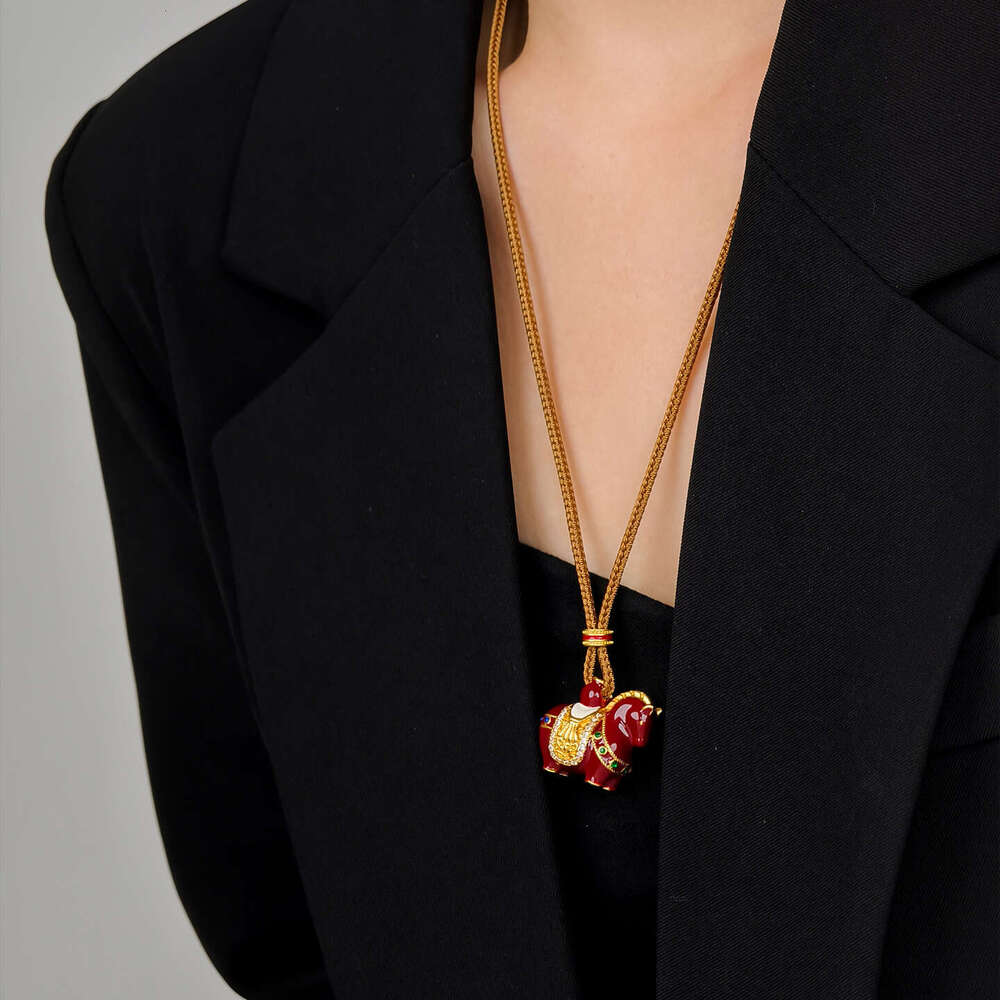 Enamel New Chinese National Style of the Zodiac Year Red Little Horse Pendant Woven Rope Long Sweater Chain High-end Feel