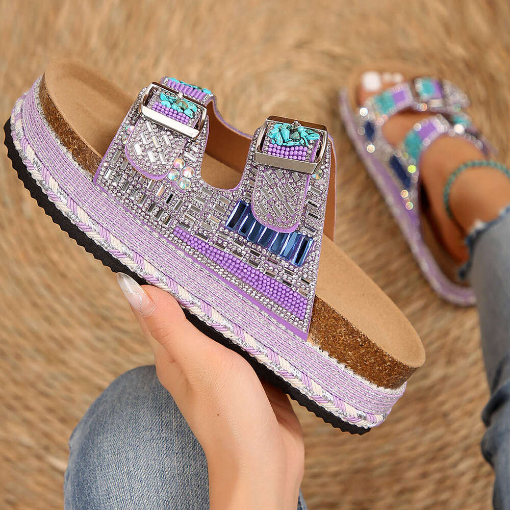 In Stock New Foreign Trade Hemp Rope Double Buckle Rhinestone Slippers for Women Summer Cork Thick Sole Beach Sandals Size 43