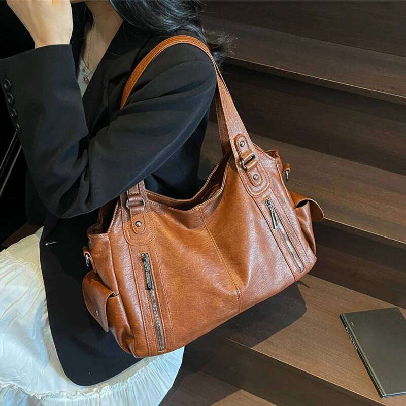 New Solid Zipper Dual Main Pockets High Capacity Handbag For Women Sewing Thread PU Fashion Ladies Shoulder Bag Z260130