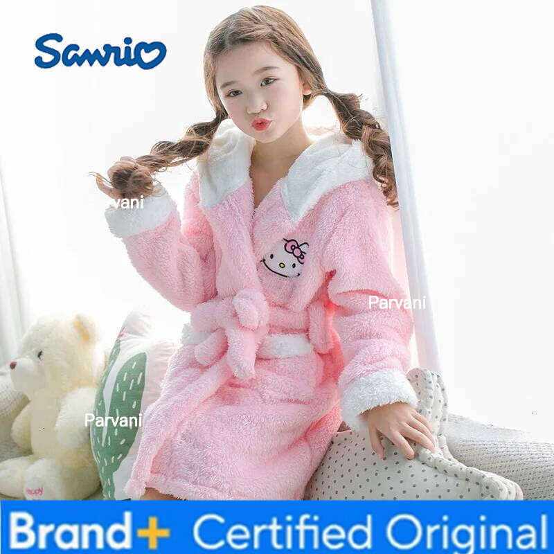 Sanrio Y2K Kawaii Hello Kitty Pajamas Girls Nightgown Children's Autumn and Winter Hooded Bathrobe Casual Tops Home Clothing Set H260130