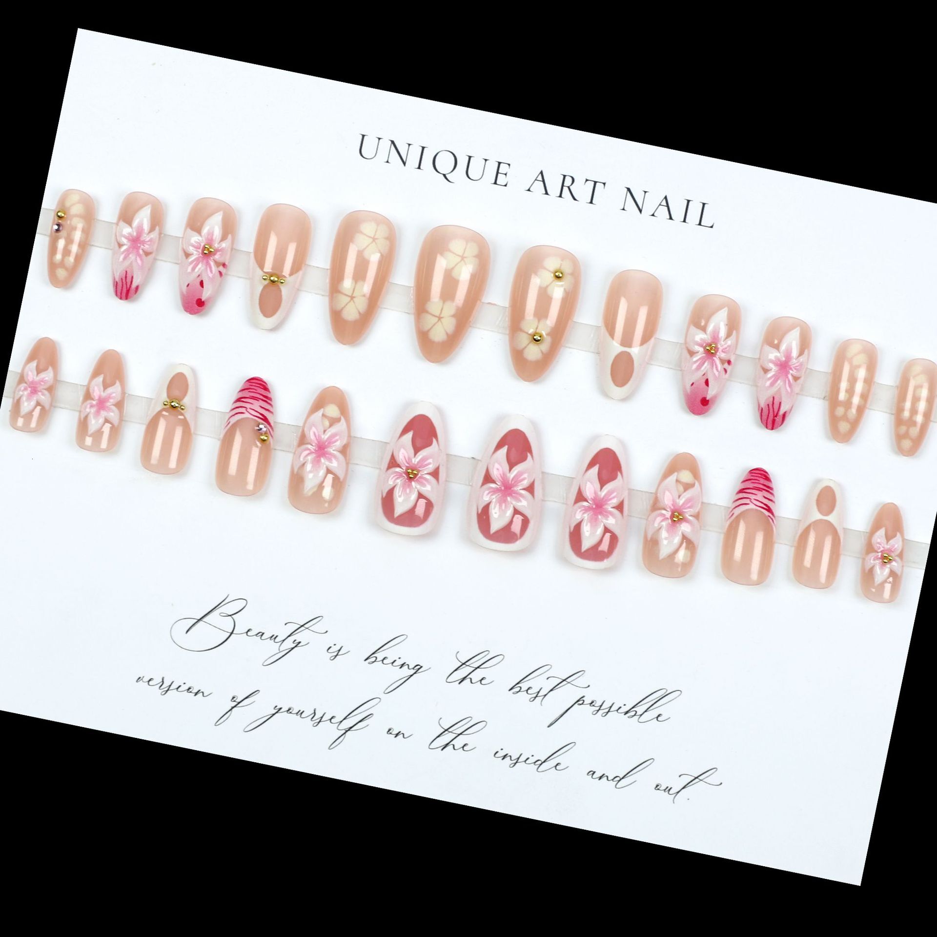 Cross-Border Hot Sale Almond New Craft 3D Pure Desire Sweet Flower Wearable Detachable Fake Nails Finished Products