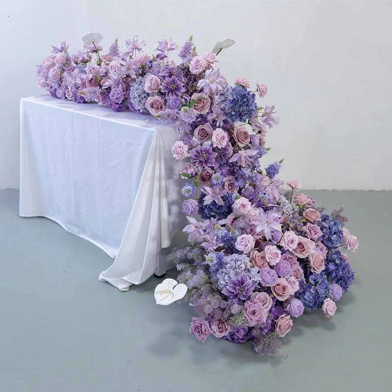 Purple Rose Delphinium Artificial Silk 5D Row Table Flower Runner Ornament Wedding Backdrop Arrangements Event Party Deco Y260130