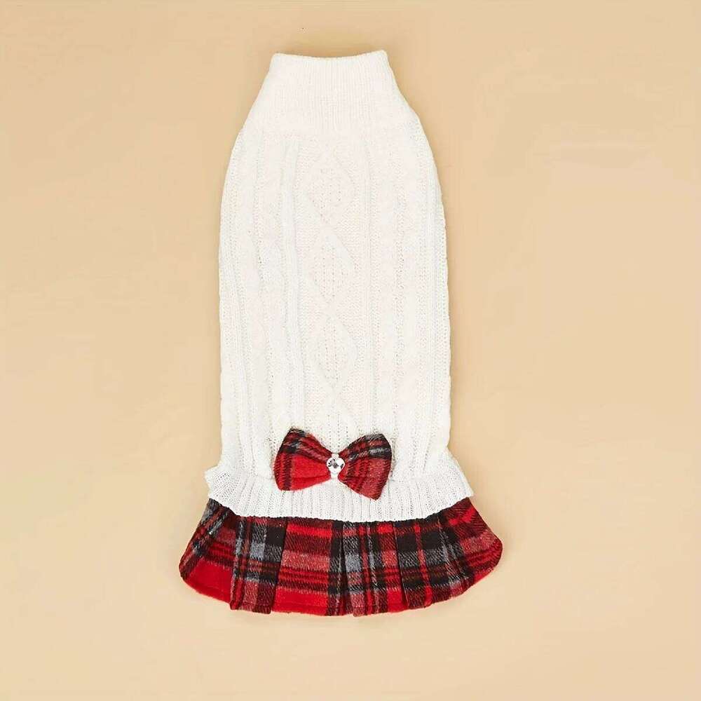 Small Dogs with Bowtie Turtleneck Knitted Dress Pet Dog Winter Clothes Warm Sweater for Yorkies Chihua H260129