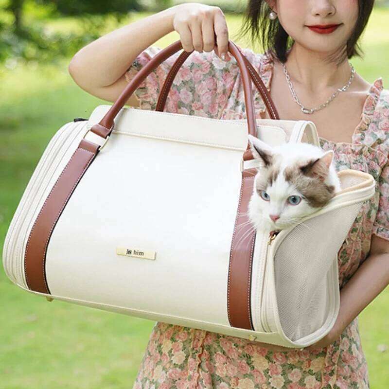 Canvas PU Leather bag for cat and small dog breathable soft-sided handbag Cat Tote Bag foldable pet carrier 26H0130