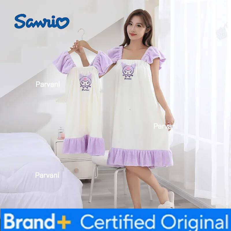 Sanrio Cartoon Girls Kuromi Bath Skirt Autumn Winter New Kawaii Home Clothes Absorb Water Bathrobe Princess Coral Fleece H2601301