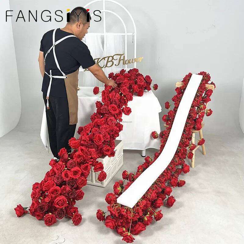 2m red rose Artificial Green Plants Row Runner Wedding Backdrop center Flower ball Decor Floral Wall Party showcase Props W260130